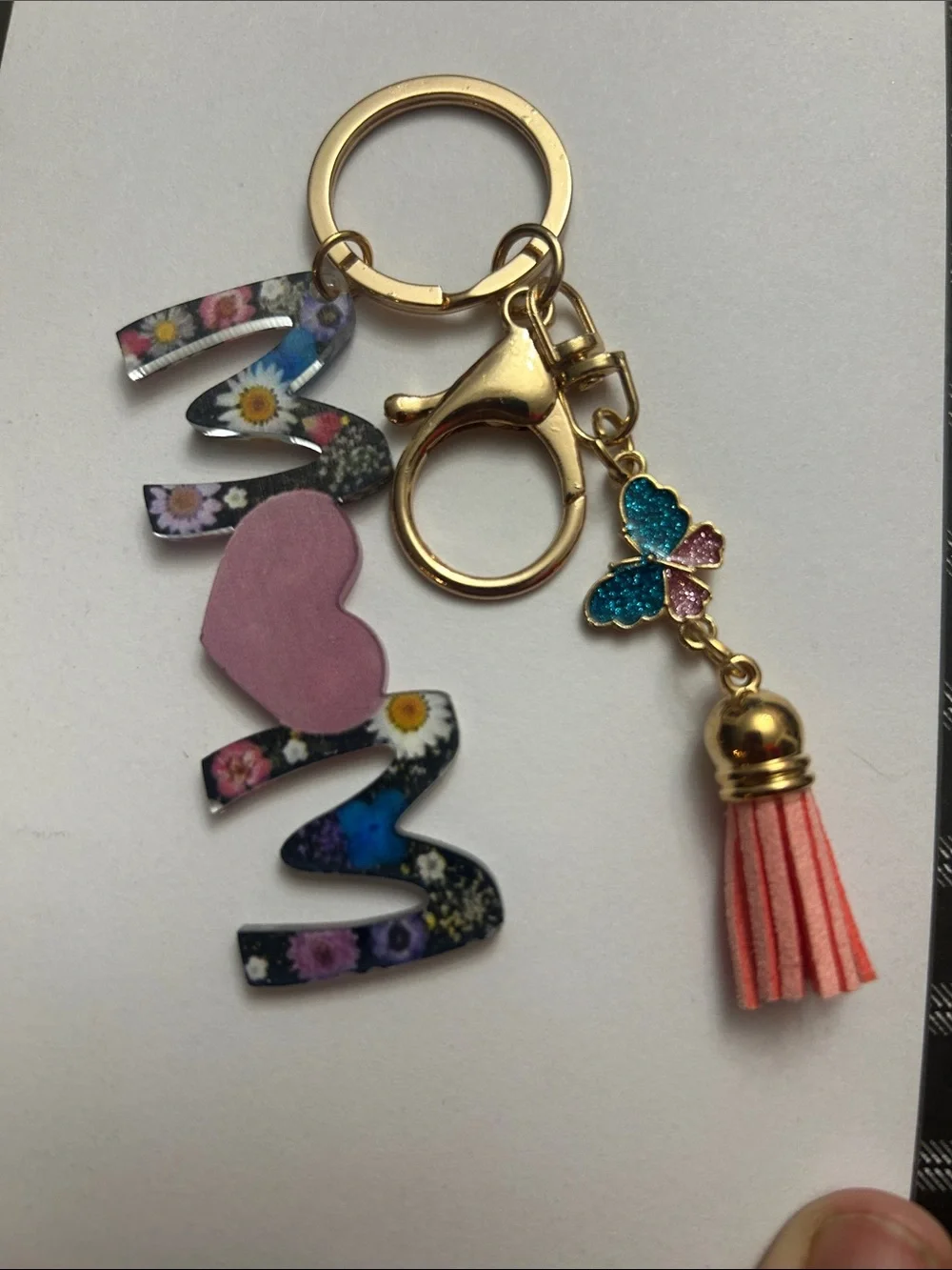 Gold-Tone Floral 'MOM' Keychain with Pink Heart & Coral Tassel